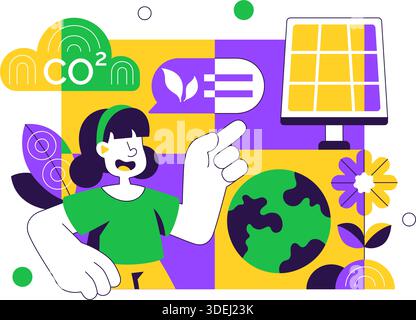 Illustrazione della riduzione dell'impronta di carbonio con analisi dell'impatto ambientale con effetti di CO2 sulla natura clima ed equilibrio ecologico Illustrazione Vettoriale