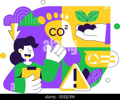 Illustrazione della riduzione dell'impronta di carbonio con analisi dell'impatto ambientale con effetti di CO2 sulla natura clima ed equilibrio ecologico Illustrazione Vettoriale