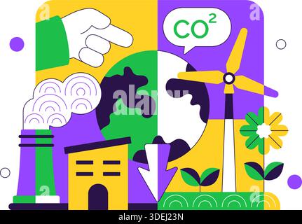 Illustrazione della riduzione dell'impronta di carbonio con analisi dell'impatto ambientale con effetti di CO2 sulla natura clima ed equilibrio ecologico Illustrazione Vettoriale