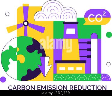 Illustrazione della riduzione dell'impronta di carbonio con analisi dell'impatto ambientale con effetti di CO2 sulla natura clima ed equilibrio ecologico Illustrazione Vettoriale