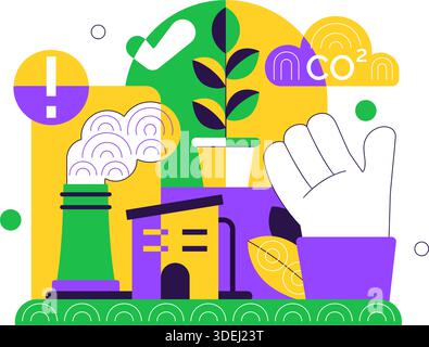 Illustrazione della riduzione dell'impronta di carbonio con analisi dell'impatto ambientale con effetti di CO2 sulla natura clima ed equilibrio ecologico Illustrazione Vettoriale