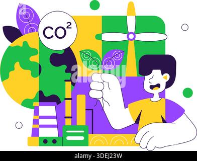 Illustrazione della riduzione dell'impronta di carbonio con analisi dell'impatto ambientale con effetti di CO2 sulla natura clima ed equilibrio ecologico Illustrazione Vettoriale