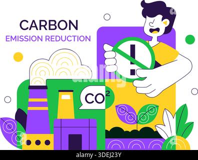 Illustrazione della riduzione dell'impronta di carbonio con analisi dell'impatto ambientale con effetti di CO2 sulla natura clima ed equilibrio ecologico Illustrazione Vettoriale