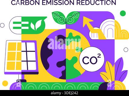 Illustrazione della riduzione dell'impronta di carbonio con analisi dell'impatto ambientale con effetti di CO2 sulla natura clima ed equilibrio ecologico Illustrazione Vettoriale