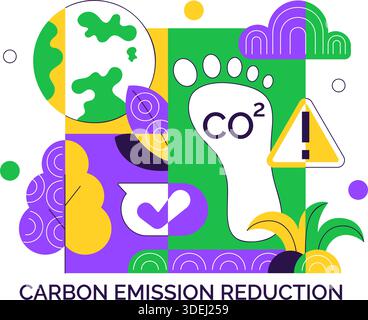 Illustrazione della riduzione dell'impronta di carbonio con analisi dell'impatto ambientale con effetti di CO2 sulla natura clima ed equilibrio ecologico Illustrazione Vettoriale