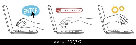 Interazione della mano con l'illustrazione della linea del laptop Illustrazione Vettoriale