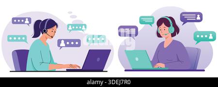 Due operatori femminili con cuffie che chattano online Illustrazione Vettoriale