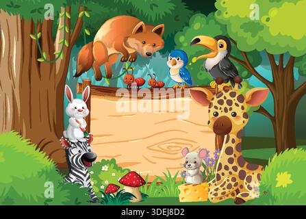 Illustrazione vettoriale colorata di animali della foresta con segni di legno vuoti, colori vivaci, composizione giocosa Illustrazione Vettoriale