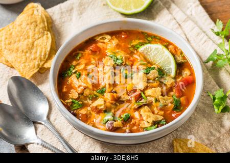 Saporita zuppa di tortilla di pollo fatta in casa con fagioli e mais Foto Stock