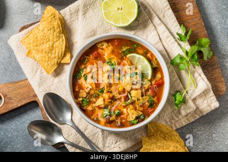 Saporita zuppa di tortilla di pollo fatta in casa con fagioli e mais Foto Stock