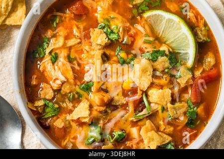 Saporita zuppa di tortilla di pollo fatta in casa con fagioli e mais Foto Stock