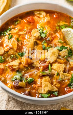 Saporita zuppa di tortilla di pollo fatta in casa con fagioli e mais Foto Stock