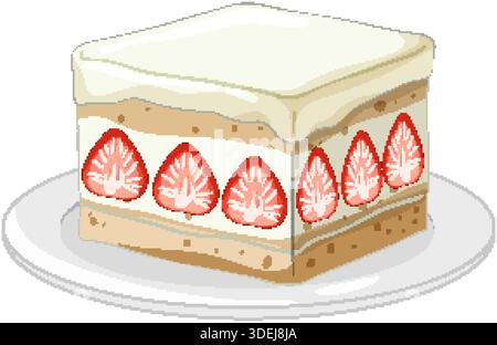 Illustrazione vettoriale di una torta di spugne a strati con panna e fragole fresche su sfondo bianco Illustrazione Vettoriale