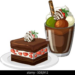 Illustrazione vettoriale della torta al cioccolato con fragole e parfait a strati su sfondo bianco Illustrazione Vettoriale