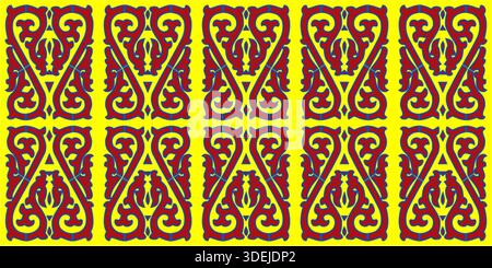 Struttura astratta dell'ornamento tribale. Sfondo decorativo rosso e giallo con elementi a spirale e vortice ripetuti Illustrazione Vettoriale