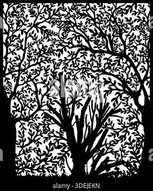Silhouette in bianco e nero che raffigura una fitta tettoia forestale con intricati rami e foglie Illustrazione Vettoriale