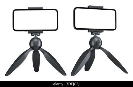 Set di moderni cavalletti per smartphone, isolati su sfondo bianco, concetto tecnologico. Foto Stock
