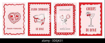 Set di carte fantasiose per San Valentino con cuori giocosi, torta, fiori e cocktail con divertenti frasi d'amore. Carine cartoline per note romantiche Illustrazione Vettoriale