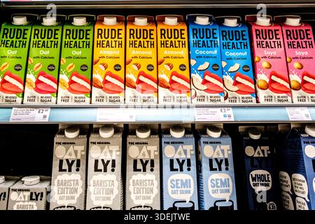 Londra Regno Unito, 5 gennaio 2026, Selezione di bevande a base vegetale come alternativa ai prodotti lattiero-caseari Foto Stock