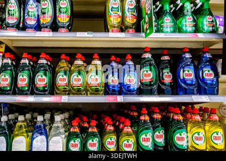Londra Regno Unito, 5 gennaio 2026, Selezione di flaconi per liquidi per il lavaggio dei piatti delle fate Foto Stock