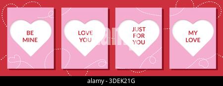 Un set di romantici biglietti di auguri di San Valentino con cuori e iscrizioni carini. Illustrazione vettoriale. Illustrazione Vettoriale