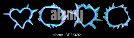 Cornici cromate astratte y2k isolate su sfondo nero. Illustrazione vettoriale realistica del cuore olografico e dei bordi di forma rotonda, elemento di design metallico argento con superficie lucida iridescente Illustrazione Vettoriale