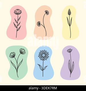 Set artistico boho floreale con fiori botanici disegnati a mano e forme organiche pastello su sfondo minimalista. Illustrazione Vettoriale