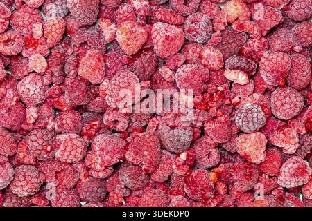 Consistenza di fondo dei lamponi congelati. Vista dall'alto sui lamponi congelati Foto Stock
