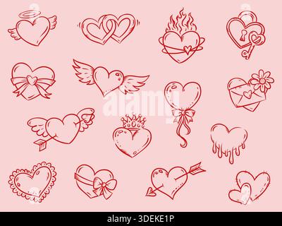 Grande romantico set d'amore con i cuori rossi. Collezione di simboli di San Valentino disegnati a mano. Illustrazioni isolate del profilo vettoriale Illustrazione Vettoriale