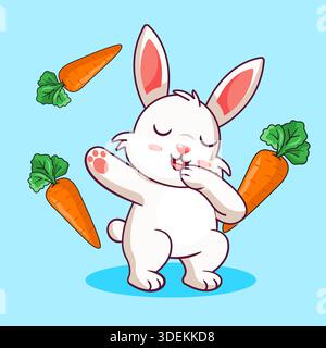 Simpatico Bunny Dabbing con carote galleggianti illustrazione vettoriale Cartoon Design Illustrazione Vettoriale