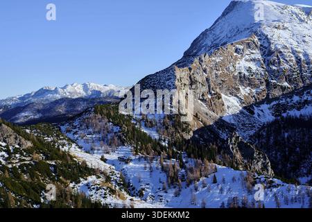 Berchtesgaden, Deutschland 19.12.2025: IM Bild: Winterlicher Blick auf den Schneibstein im Berchtesgadener Land. Schneebedeckte Berghänge, felsige Steilwände und vereinzelt stehende Lärchen prägen die alpine Landschaft im Bereich der Berchtesgadener Alpen. Die Aufnahme zeigt die typische Hochgebirgsstruktur der Region mit Übergängen zwischen bewaldeten Zonen, Almflächen und felsigem Gipfelbereich. Bayern *** Berchtesgaden, Germania 19 12 2025 nella foto Vista invernale dello Schneibstein nella Terra di Berchtesgadener pendii di montagna ricoperti di neve, scogliere rocciose e larici sparsi caratterizzano t Foto Stock