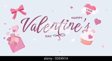 Illustrazione di San Valentino con testo di buon San Valentino, cuore D'AMORE, busta di cuori e cupcake in stile pastello. Dolce design romantico per carte, d Foto Stock