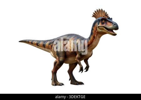 Feroci dinosauri carnivori isolati su sfondo bianco, che mostrano texture dettagliate e pose minacciose di predatori preistorici. Foto Stock