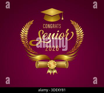 Congratulazioni per il premio creativo Senior 2026 con sfumature dorate e articoli 3D isolati. Modello di premi scolastici. Illustrazione Vettoriale