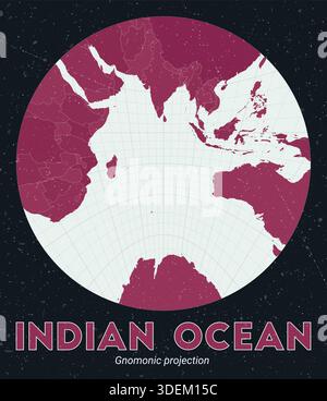 Accattivante illustrazione vettoriale di una mappa del mondo in una proiezione gnomonica, incentrata sull'Oceano Indiano. Illustrazione Vettoriale