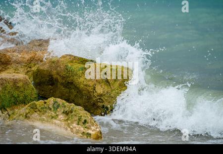 Le onde d'acqua dolce colpiscono pietre ricoperte di alghe sul Lago di Garda, in Italia, mostrando movimenti drammatici, texture e bellezze naturali di un famoso lago alpino Foto Stock
