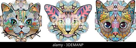 Set di teste di gatto stilizzate per il design di t-shirt, tatuaggi e altre decorazioni Illustrazione Vettoriale