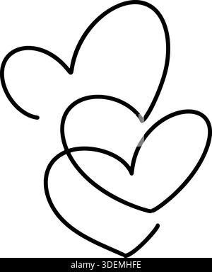 Disegno con linee nere con tre cuori vettoriali sovrapposti. Simboleggiando la connessione, la collaborazione e l'affetto Illustrazione Vettoriale