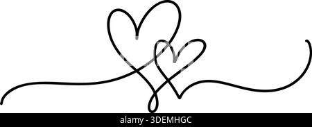 Disegno con linee nere con due cuori vettoriali sovrapposti. Simboleggiando la connessione, la collaborazione Illustrazione Vettoriale