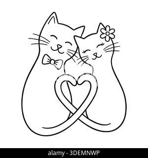 Delineare due gatti con code cardiache. Un paio di carini animali innamorati. Illustrazione vettoriale per cartoline, poster, banner o volantini di San Valentino Illustrazione Vettoriale