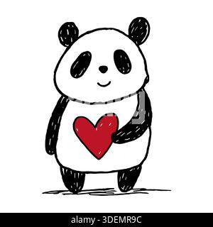 Carino panda con cuore rosso. Delineare il carattere animale delle valentine disegnate a mano. Concetto d'amore, arte dei pastelli, icona animale vettoriale Illustrazione Vettoriale