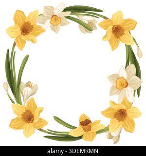 Corona floreale disegnata a mano con i primi fiori primaverili, narcisi e croco modello decorativo botanico Illustrazione Vettoriale