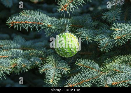 Lo squisito giocattolo a bolle natalizie realizzato a mano con perline, noto anche come globo di Natale o bulbo di Natale, fa parte dell'arredamento natalizio Foto Stock