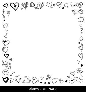 I doodles a forma di cuore disegnati a mano formano una cornice su sfondo bianco con ampio spazio imbottito, biglietti per matrimoni o San Valentino Illustrazione Vettoriale