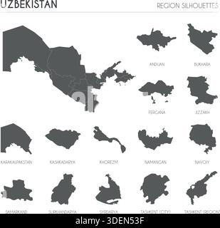 Set di sagome della regione dell'Uzbekistan e mappa vuota del paese isolato su sfondo bianco. Disegno dell'illustrazione vettoriale Illustrazione Vettoriale
