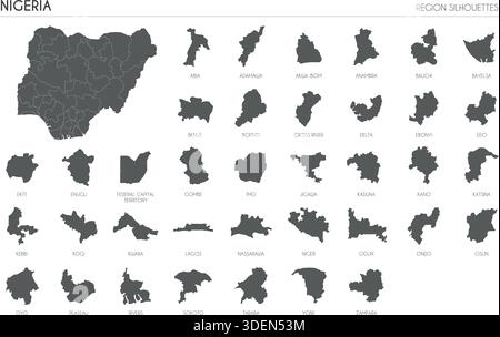 Set di sagome della regione della Nigeria e mappa vuota del paese isolato su sfondo bianco. Disegno dell'illustrazione vettoriale Illustrazione Vettoriale
