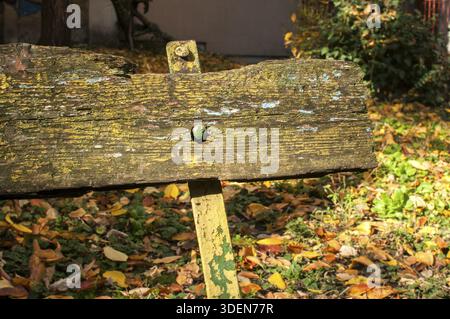 Grunge in legno intemprato sul retro della vecchia panchina Foto Stock