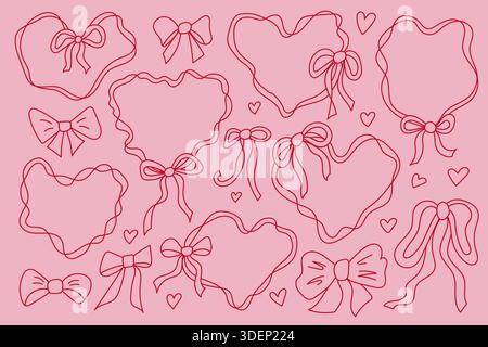 Set illustrativo di San Valentino con cuori e archi disegnati a mano Illustrazione Vettoriale