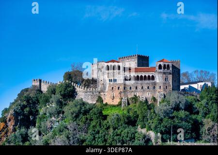 Vista di Castelo de Leiria su una collina verde a Leiria in Portogallo sotto un cielo azzurro. Castello medievale con mura in pietra e torri che si affacciano sulla città. Foto Stock