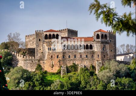 Vista del Castello di Leiria, una fortezza medievale che si affaccia sulla città di Leiria nel Portogallo centrale, circondata dal verde sotto un cielo azzurro. Foto Stock